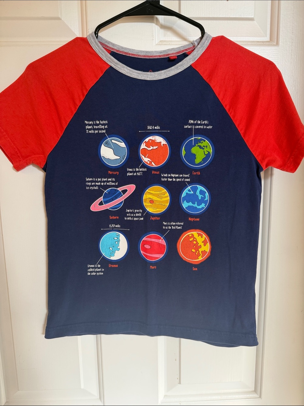 Mini Boden Boys Navy Tee with Red Raglan Sleeves and Planet Graphic